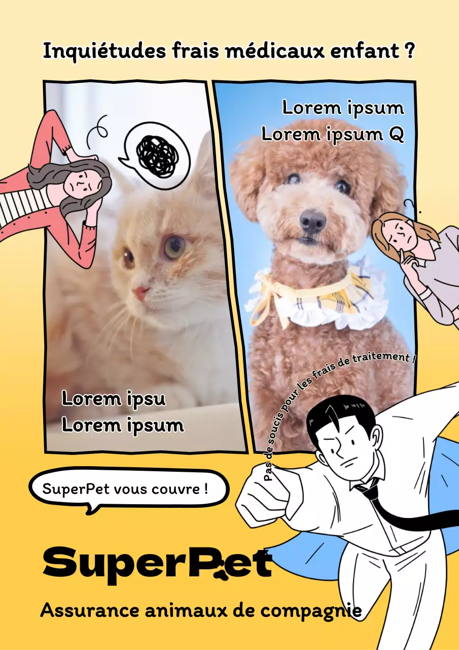 Publicité sur l'assurance des animaux de compagnie avec des illustrations d'animaux et d'êtres humains en jaune.