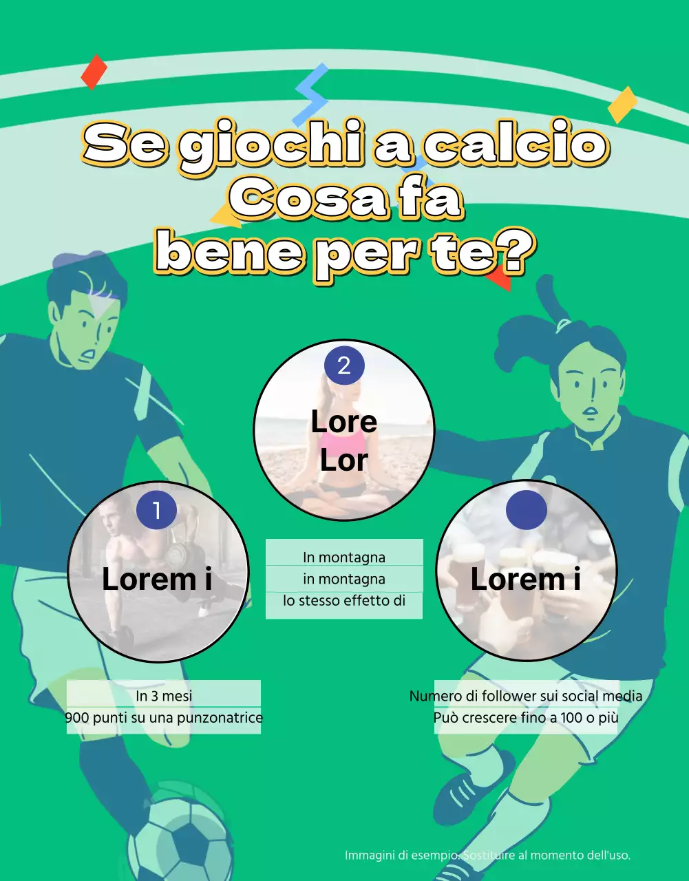Volantino di reclutamento per il calcio femminile con immagine di un campo da calcio verde