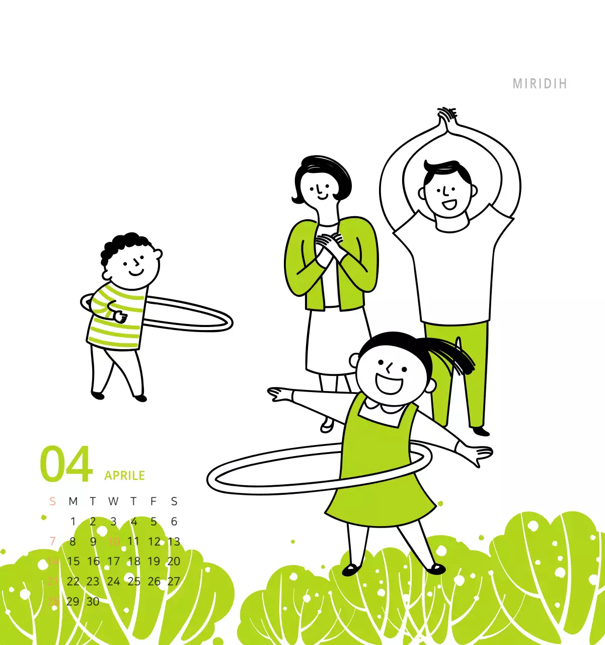 Simpatico calendario da tavolo illustrato verde a tema famiglia