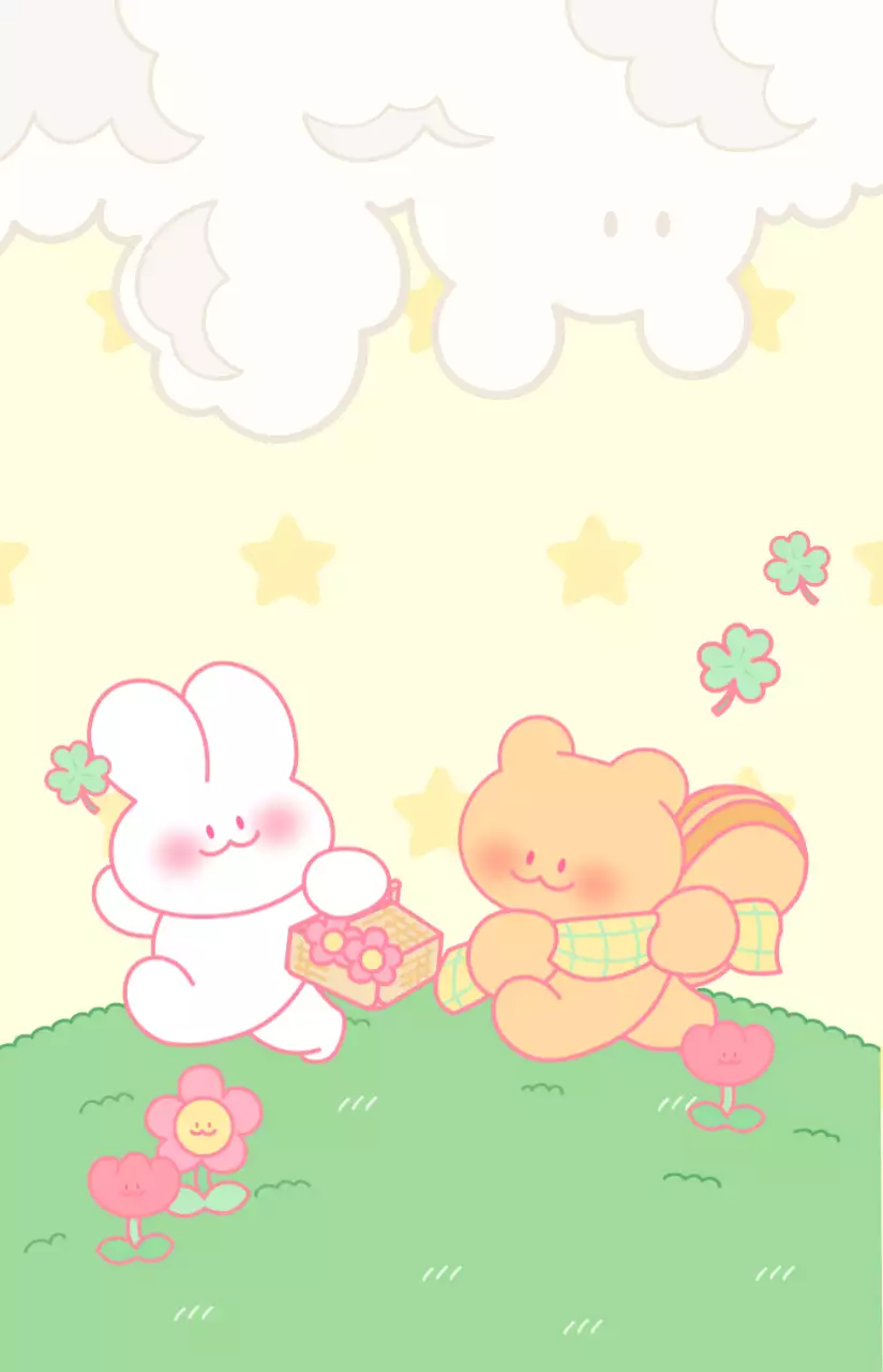 Produits dérivés présentant des illustrations colorées d'une journée dans la vie des personnages du lapin et de l'écureuil.