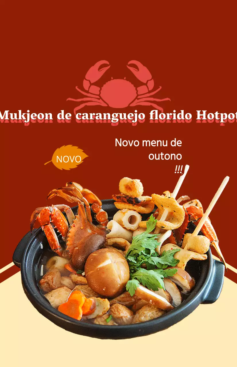 Uma peça promocional para um novo menu de outono com texto e ilustrações para um prato com caranguejos azuis.