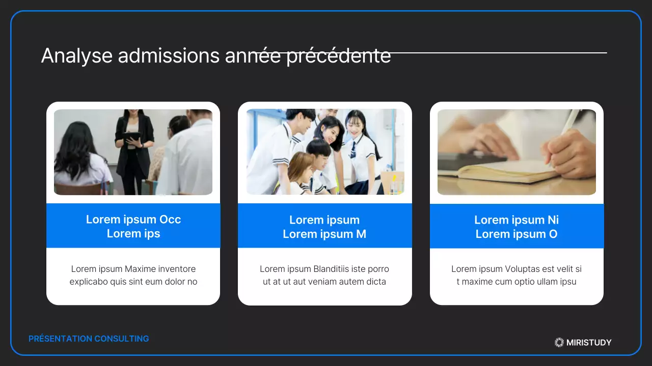 Une présentation minimaliste des admissions en noir et bleu