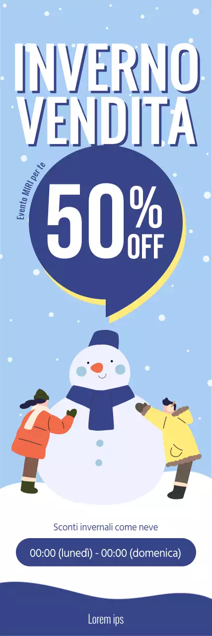 Una vendita per lo shopping invernale con una simpatica illustrazione di un pupazzo di neve invernale e un layout di testo che evidenzia lo sconto.