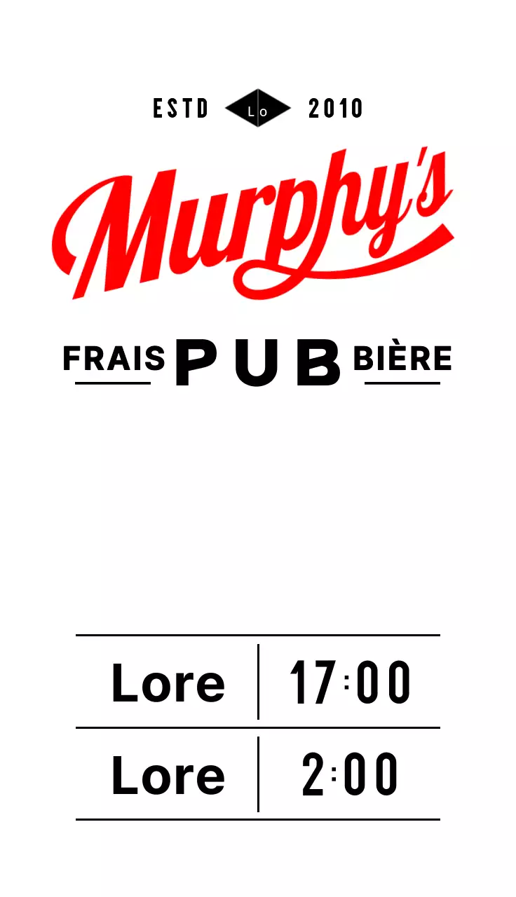 Panneau d'ouverture de menu d'aspect rétro avec texte et illustrations en blanc, noir et rouge pour la devanture d'un pub.