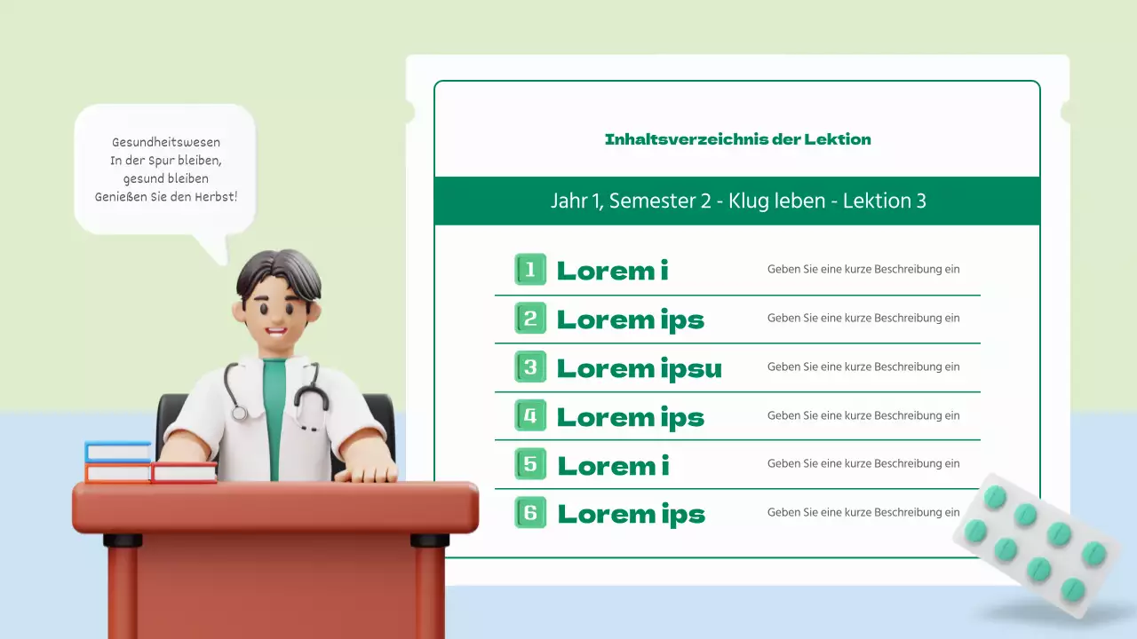 Einführung in das Konzept der saisonalen Gesundheitsversorgung mit 3D-Illustrationen in Chartreuse und Hellblau.