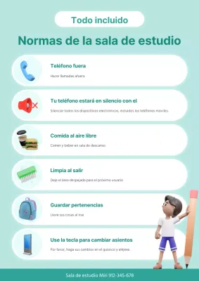 Una sencilla sala de estudio de color menta con normas de uso