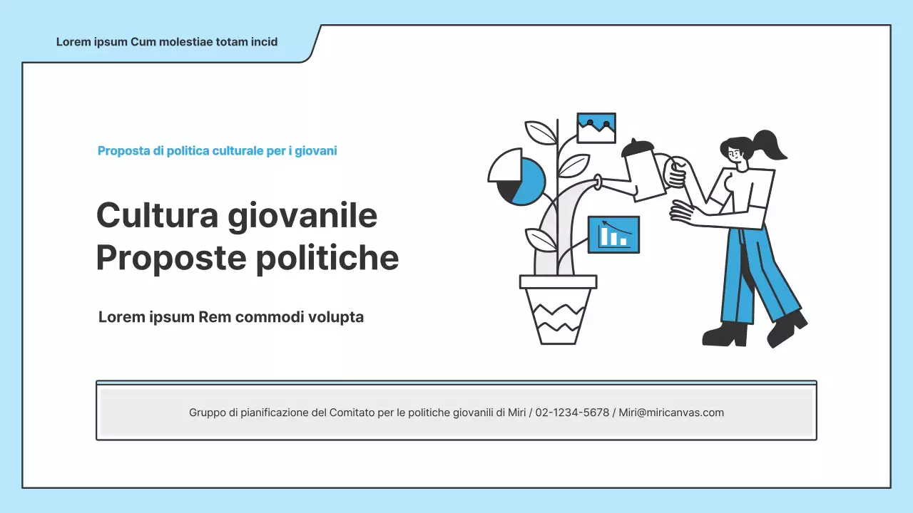 Una proposta politica con un'illustrazione pulita in azzurro e una forma a punto indice.
