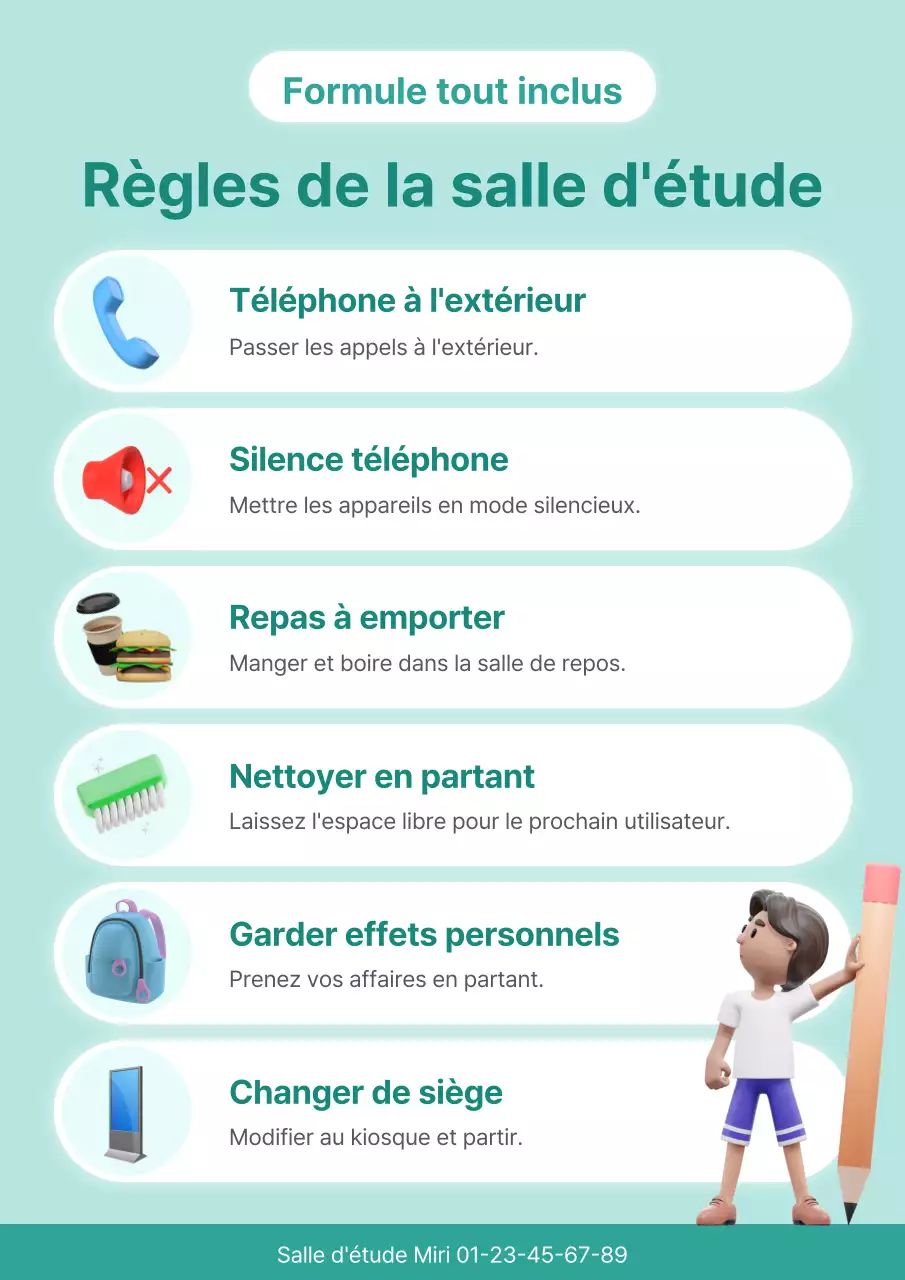 Une salle d'étude simple de couleur menthe avec des règles d'utilisation