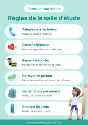 Une salle d'étude simple de couleur menthe avec des règles d'utilisation