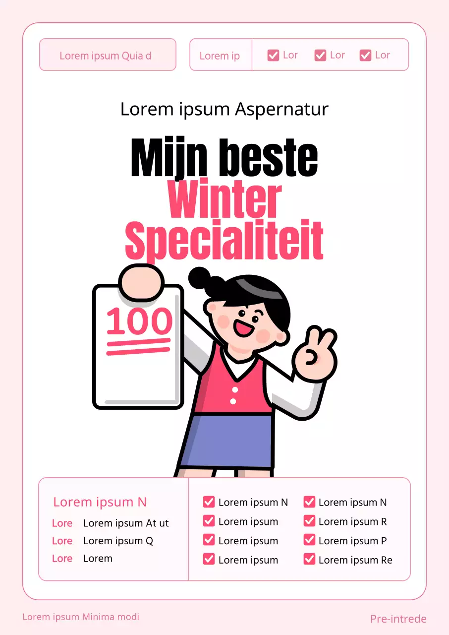 Promoot een school met een concept voor examenpapier met een illustratie van een leerling die een roze examenpapier vasthoudt.
