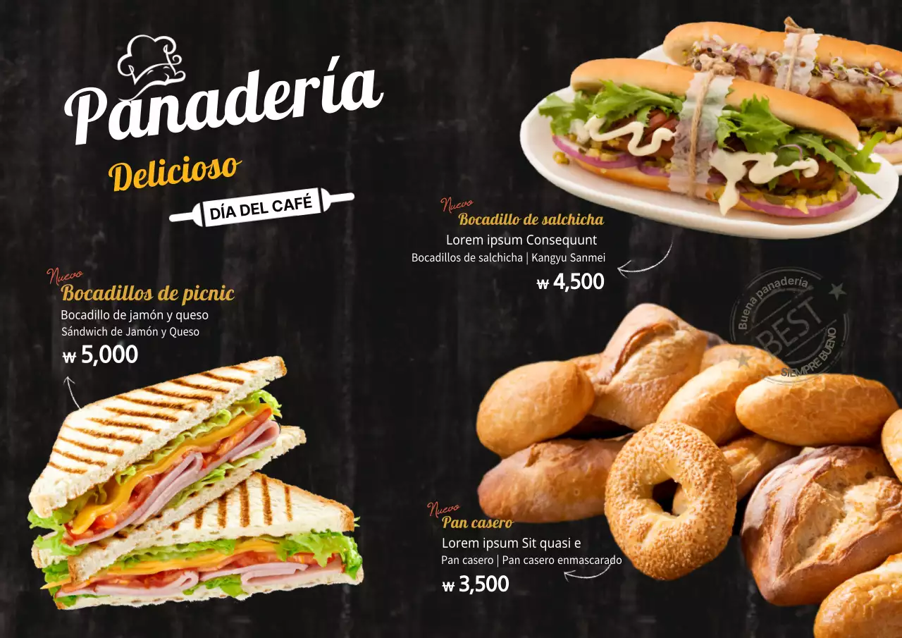 Panadería Cartel de menú multilingüe con texto y fotos de alimentos sobre un nuevo producto de panadería.