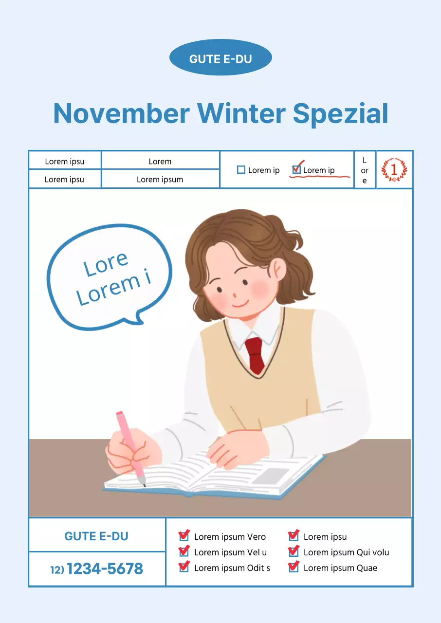 Werbung für Abschlussprüfungsspecials mit Schülerillustrationen auf hellblauem Hintergrund