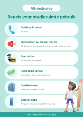 Een eenvoudige mintkleurige studieruimte met gebruiksregels