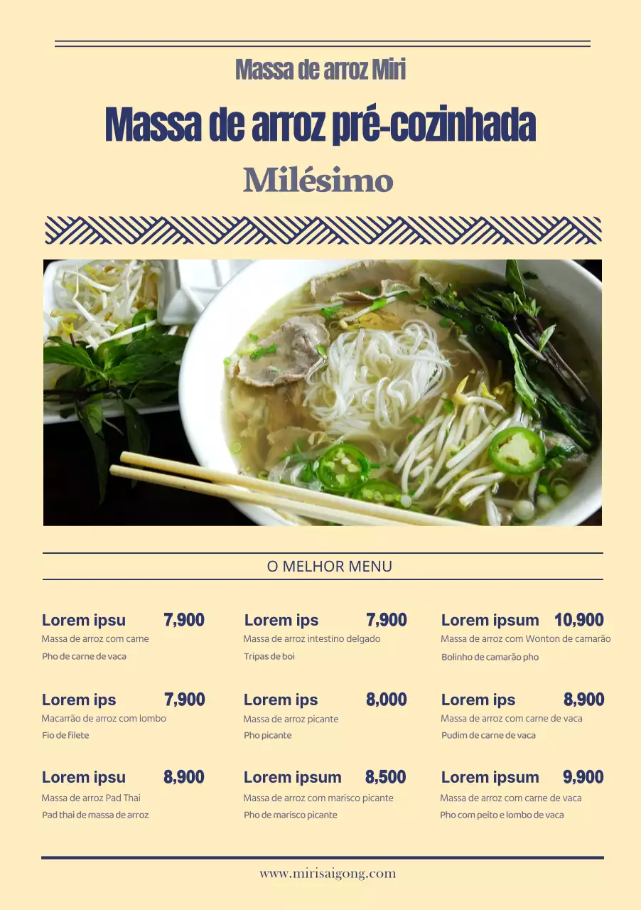 Ementa multilingue de massa de arroz com fotografia e coloração amarela