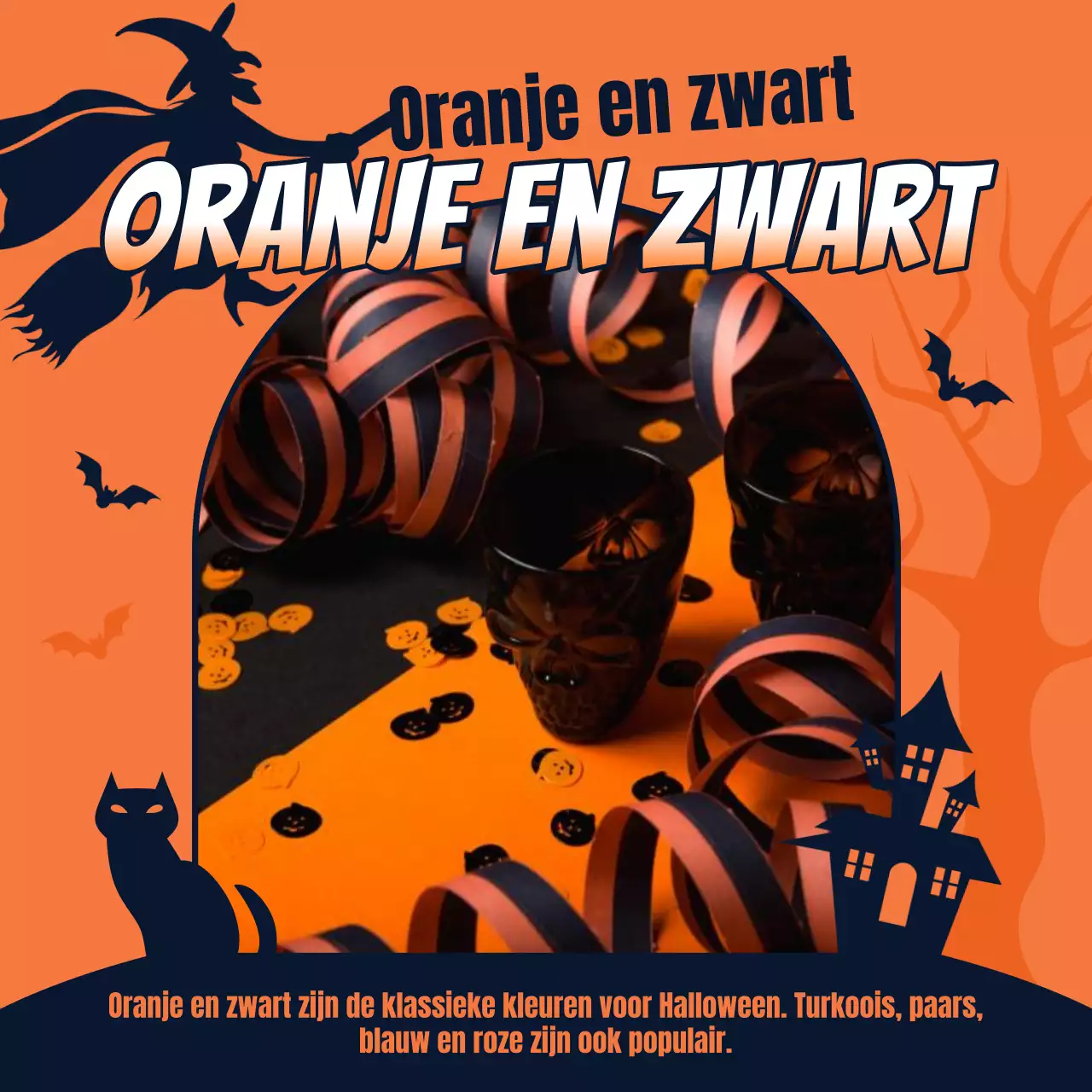 Halloween-decoratie-ideeën met tweekleurige, platte schaduwillustraties