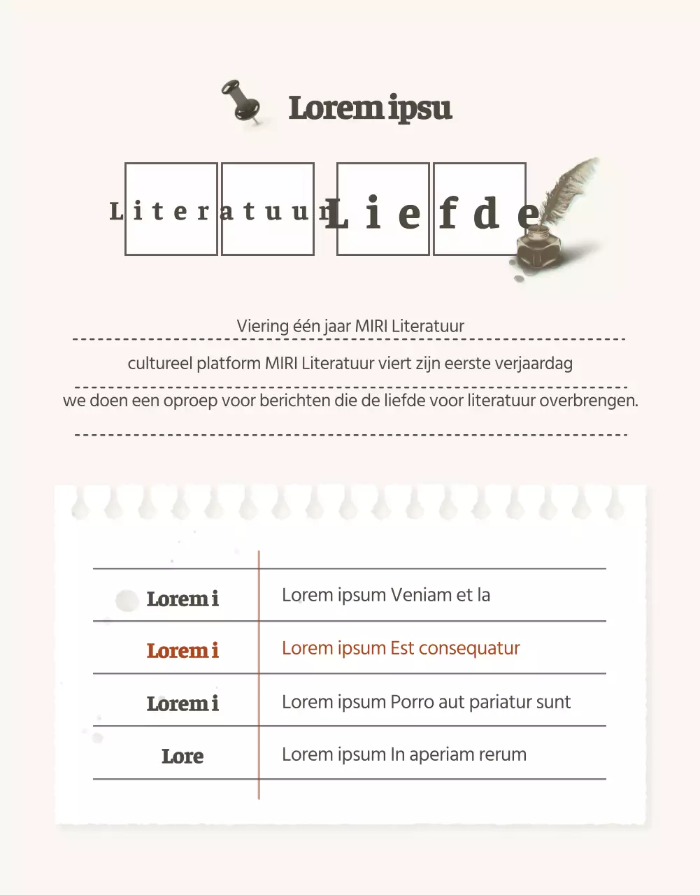 Aankondiging van een wedstrijd voor een vintage en eenvoudige stijl literaire liefdesslogan in beige en bruin.