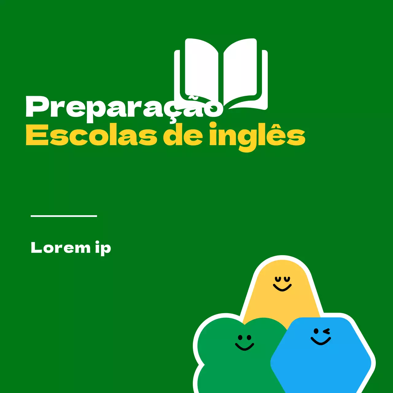 Para promover uma escola de inglês para alunos do ensino básico com uma ilustração de uma personagem de banda desenhada verde e amarela.