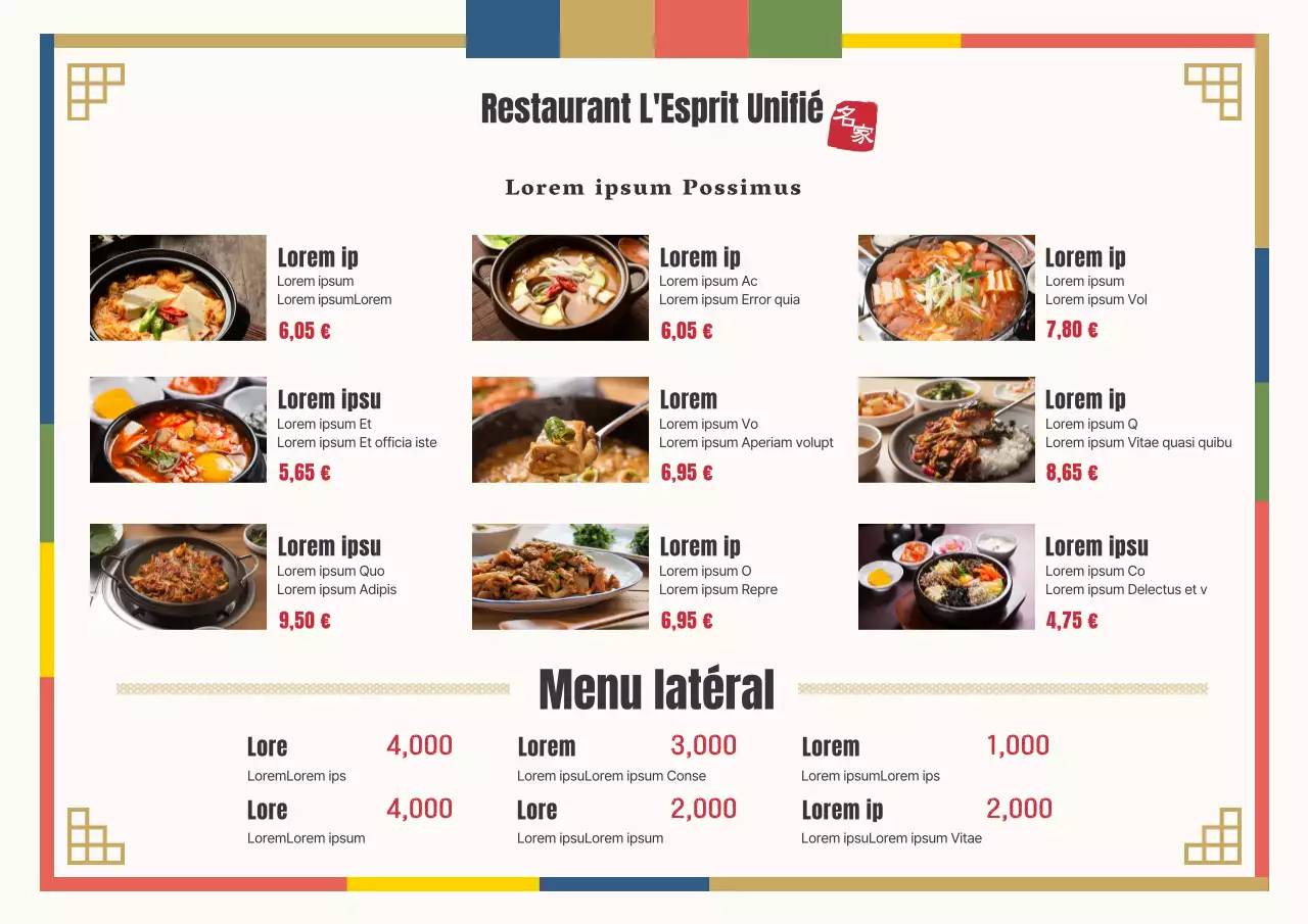 Panneaux de menu multilingues avec texte et illustrations de photographies culinaires pour les menus de restaurants coréens