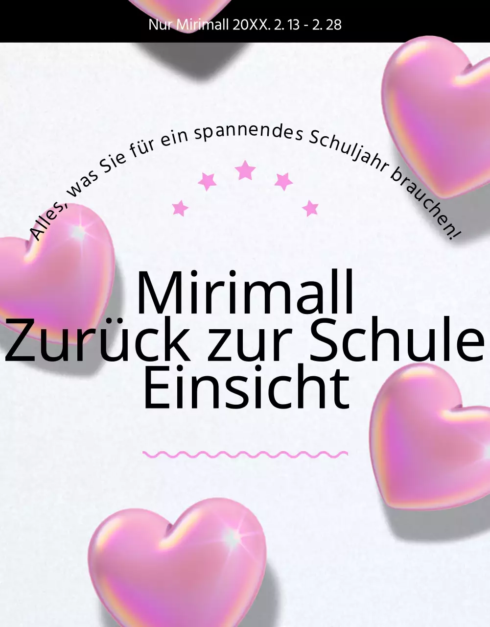 Schulanfangsfeier mit schwarzen und rosa 3D-Herzen