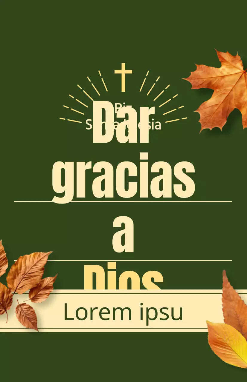 Promoción de un servicio otoñal de una iglesia con texto relacionado con Acción de Gracias y una ilustración fotográfica de hojas cayendo.