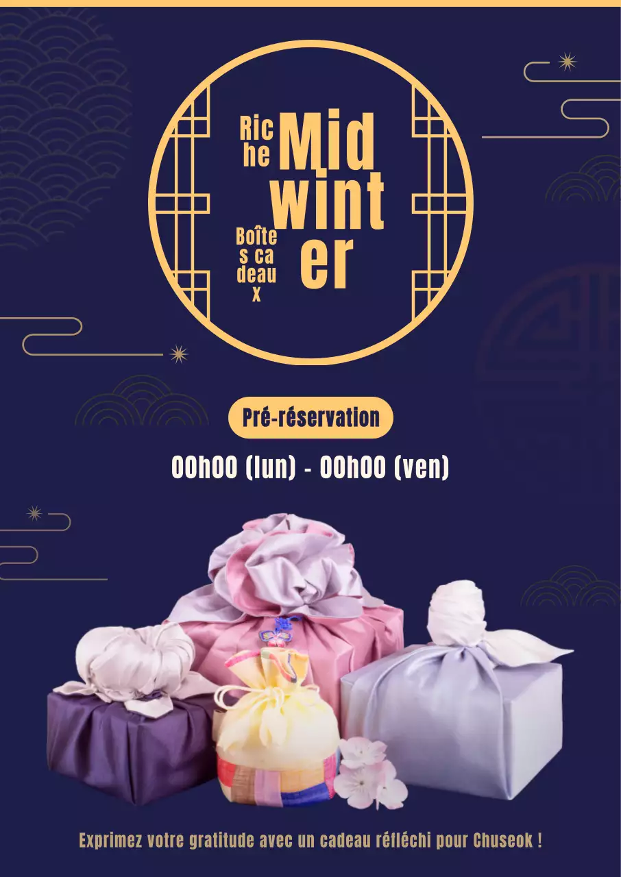 Ce coffret Obon présente un fond bleu marine luxueux et épuré, avec des illustrations de motifs traditionnels et une image de boza.