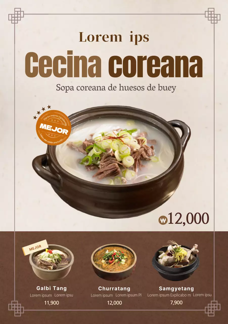 Menú multilingüe coreano con fotos y colores marrones