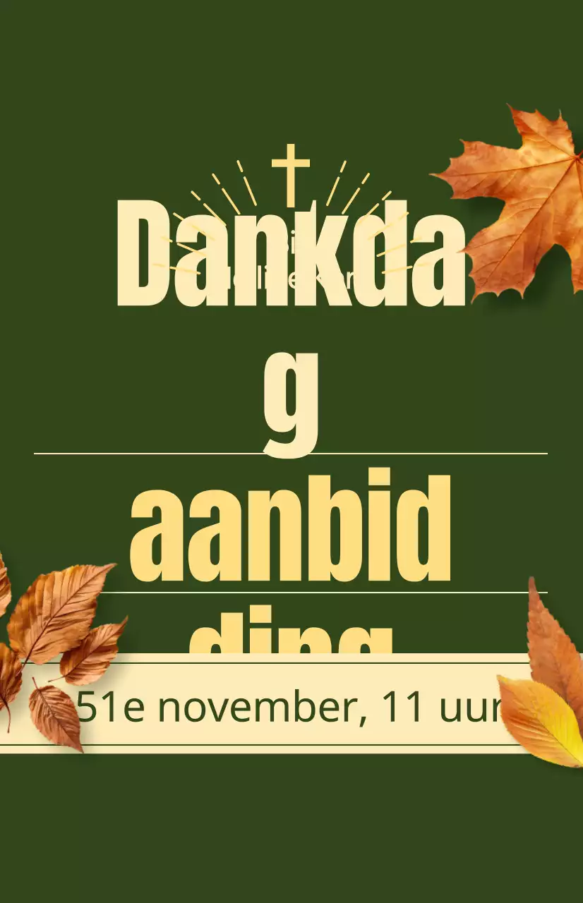 Een promotie voor de herfstdienst van een kerk met Thanksgiving-gerelateerde tekst en een foto-illustratie van vallende bladeren.