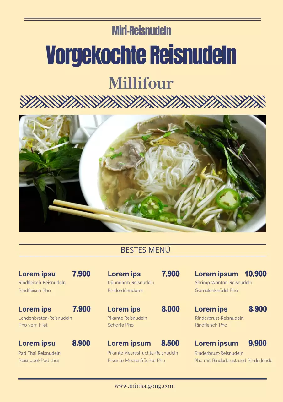 Mehrsprachige Reisnudel-Speisekarte mit Foto und gelber Färbung