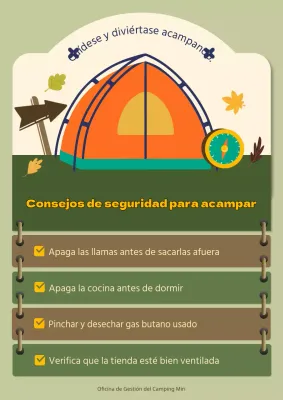 Consejos de seguridad para acampar con ilustración de tienda de campaña verde y naranja