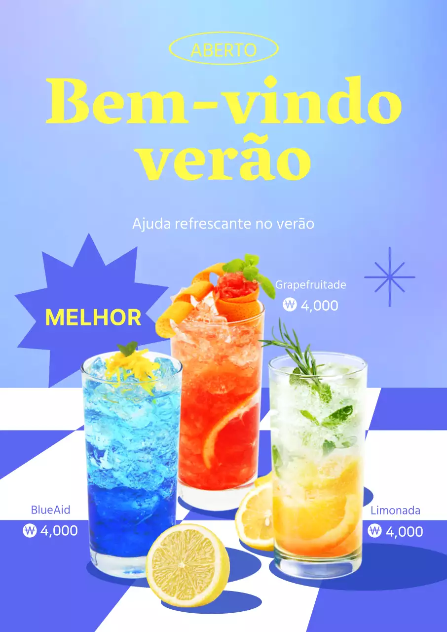 Promover as bebidas de verão dos cafés com um toque de azul e vermelho