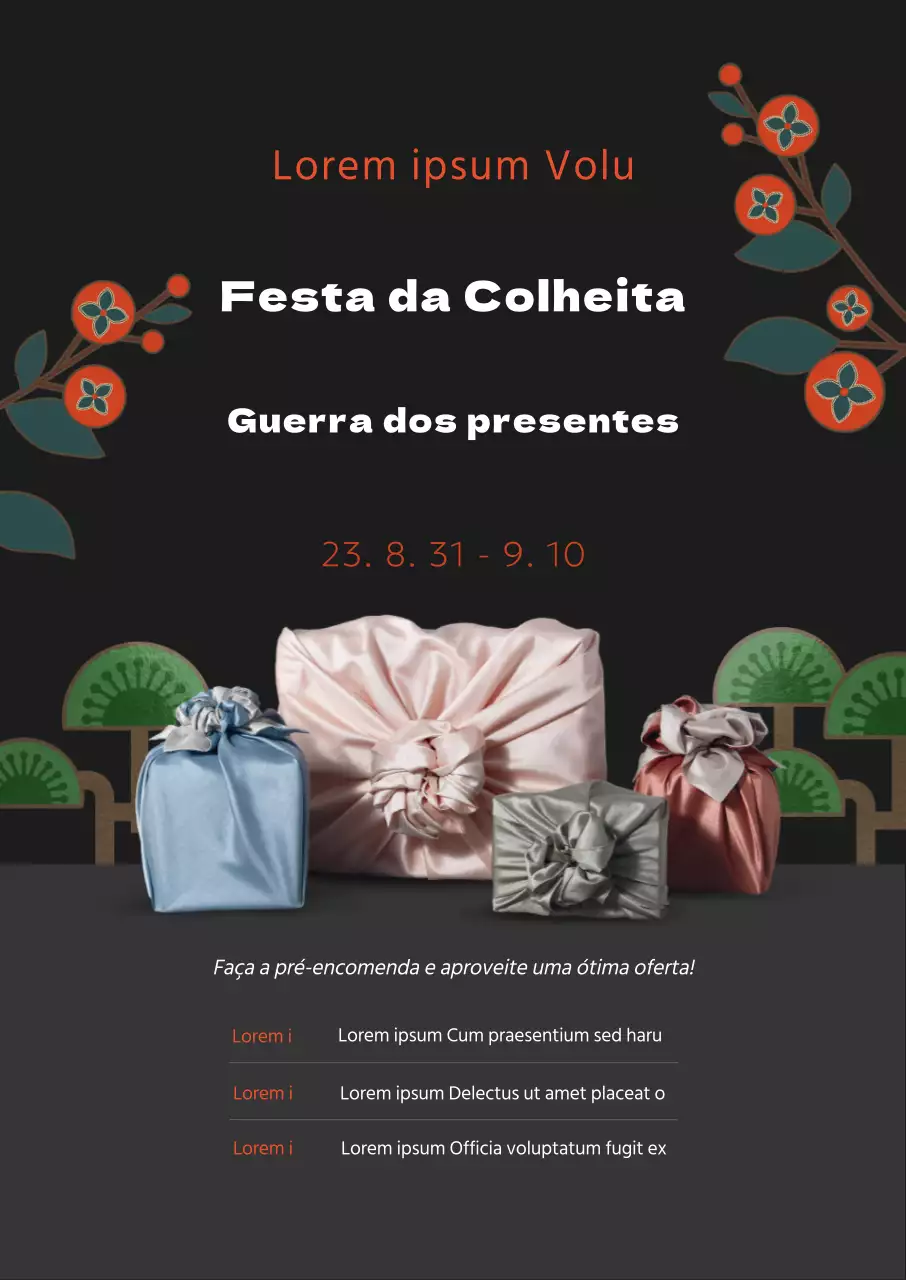 Promoção de pré-reserva do conjunto de oferta Chuseok com luxuosas ilustrações tradicionais coreanas sobre um fundo preto