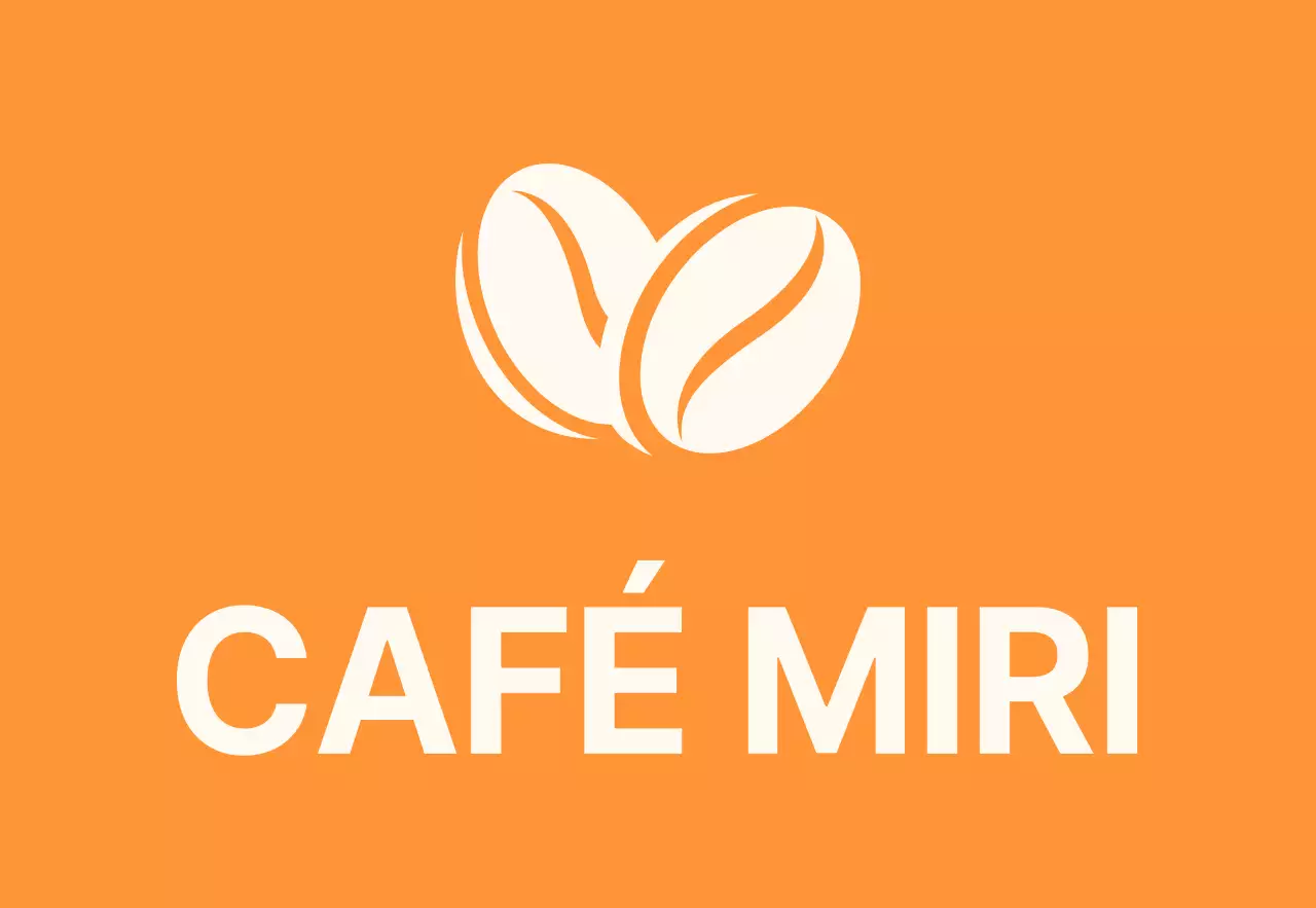 Enseigne simple sur la devanture du magasin avec un texte Miricafe orange-noir-et-blanc et des illustrations de haricots.