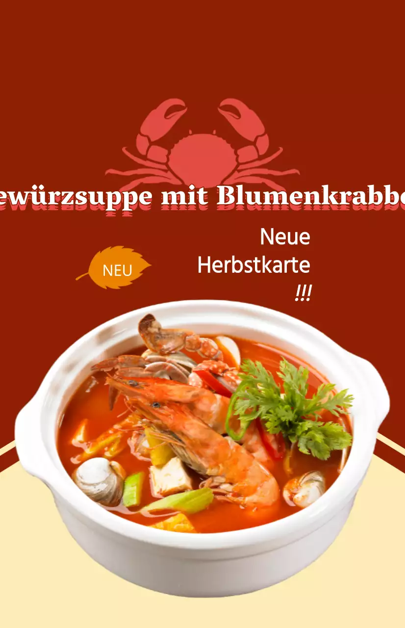 Ein Werbeartikel für ein neues Herbstmenü mit Text und Illustrationen für ein Gericht mit blauen Krabben.
