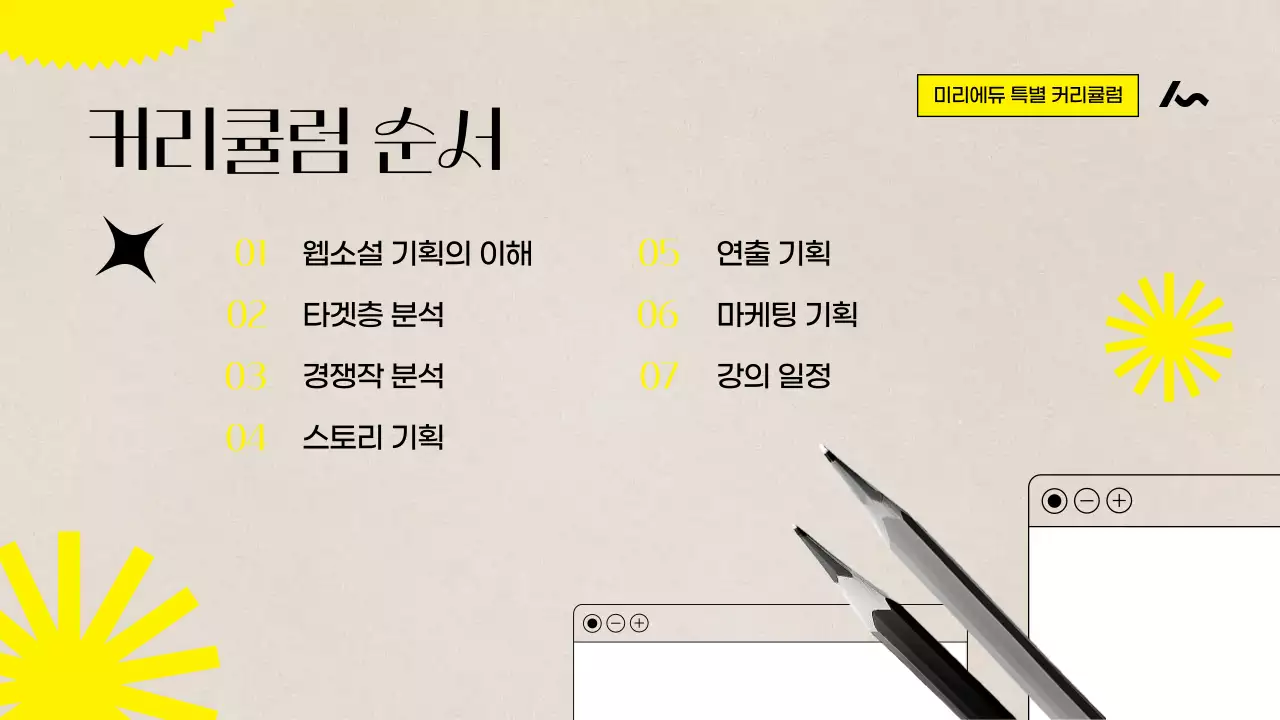 노랑과 베이지색의 빈티지한 웹소설 기획 커리큘럼 강의자료