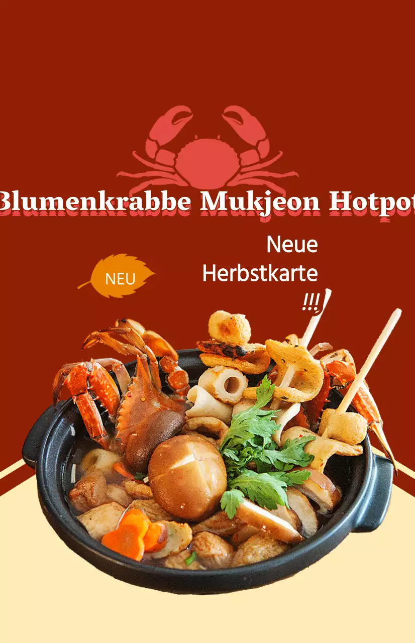 Ein Werbeartikel für ein neues Herbstmenü mit Text und Illustrationen für ein Gericht mit blauen Krabben.