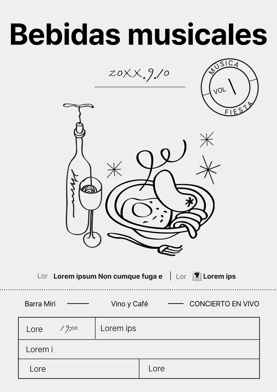 Billete ilustrado en blanco y negro para promoción de canciones