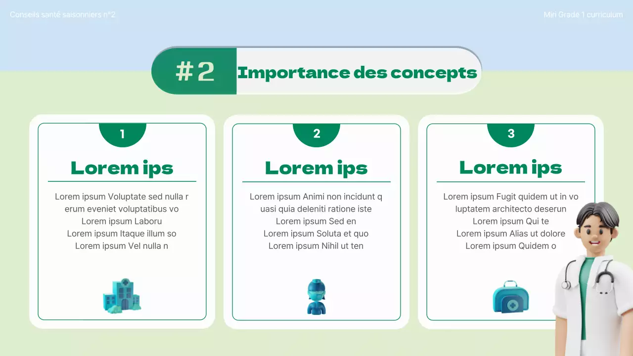 Introduction au concept de soins de santé saisonniers avec des illustrations en 3D en chartreuse et bleu clair.