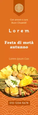Promuovere la prenotazione anticipata di piatti Chuseok con motivi coreani tradizionali su sfondo arancione.