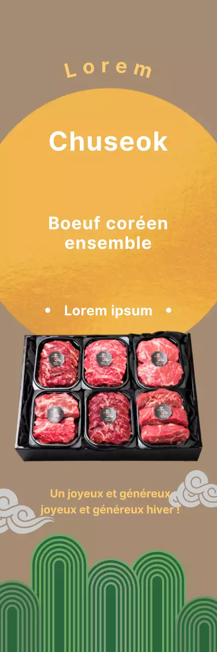 Promouvoir les pré-réservations d'un simple coffret cadeau de bœuf coréen pour Chuseok, orné d'une pleine lune jaune et d'illustrations coréennes traditionnelles.