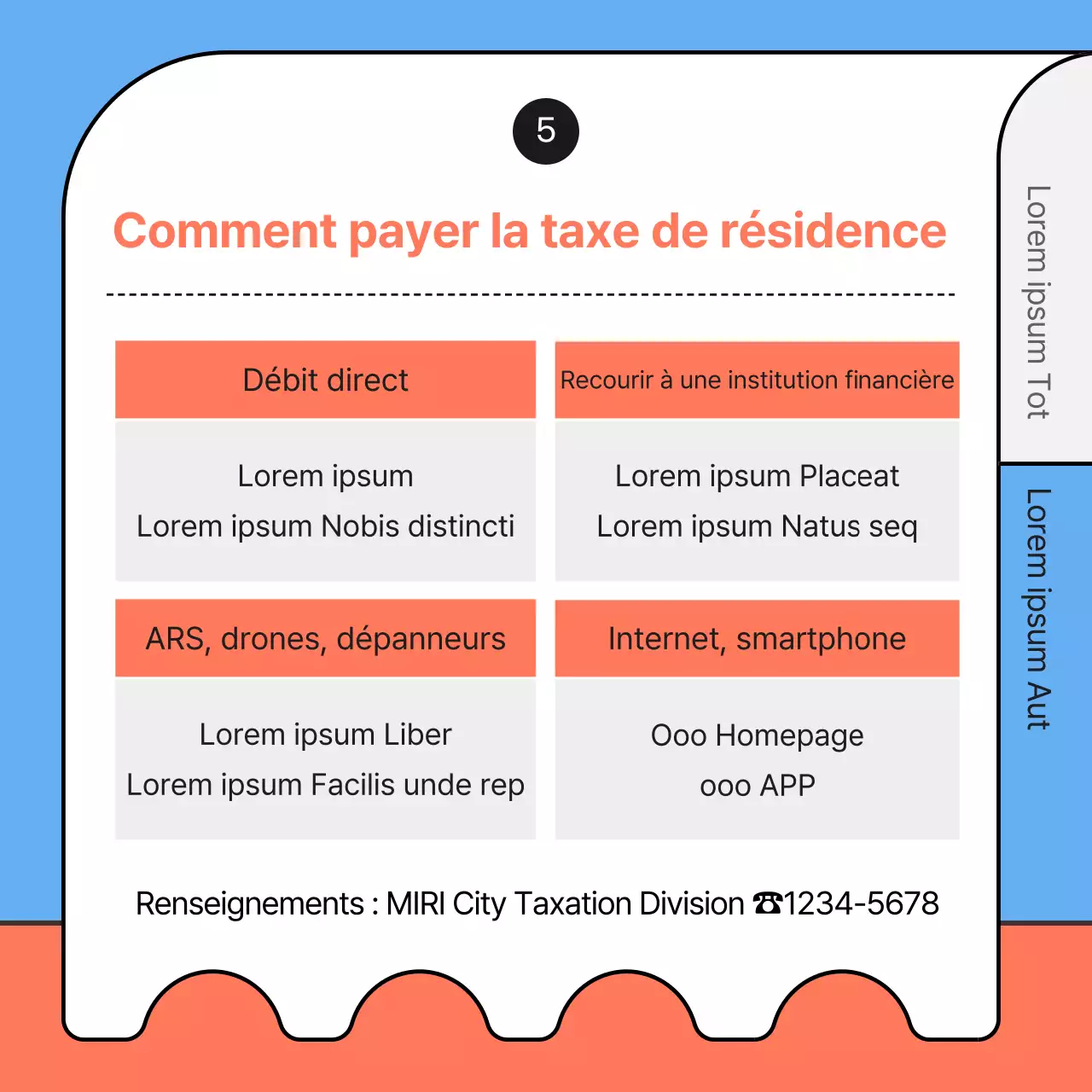 Illustration bleu clair et orange des instructions de paiement de la taxe de résidence