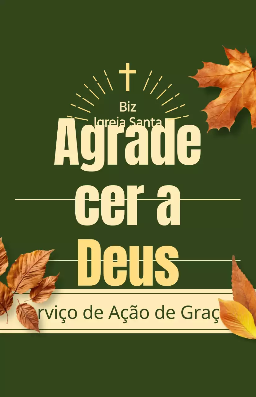 Promoção de um serviço religioso de outono com texto relacionado com a Ação de Graças e uma ilustração fotográfica de folhas a cair.