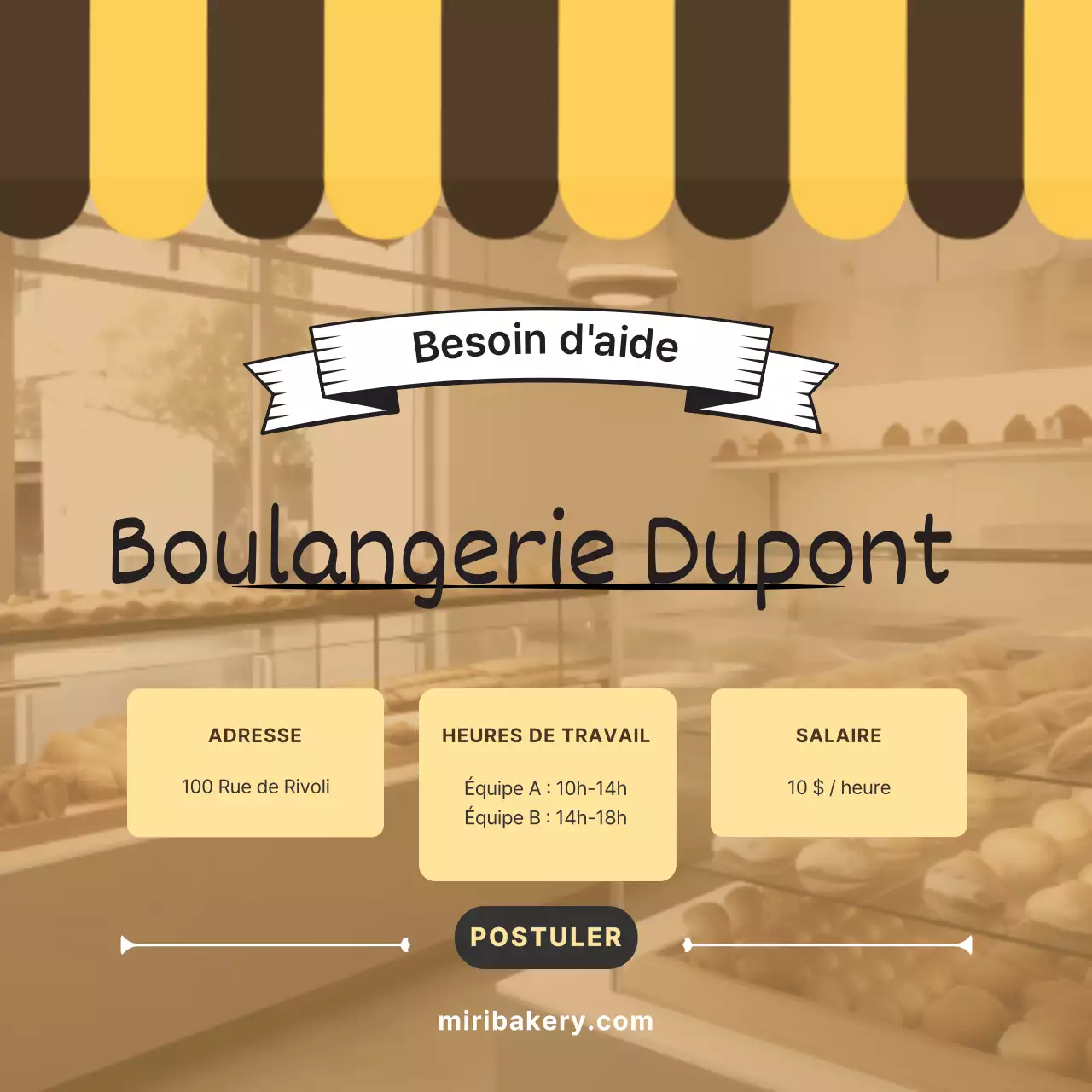Offre d'emploi simple pour une boulangerie, en jaune et marron