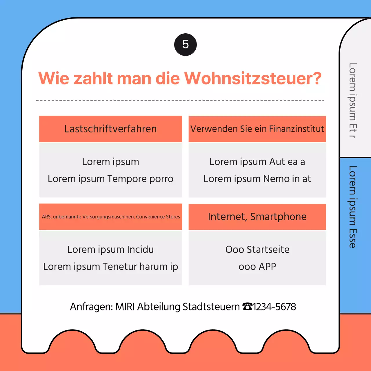 Hellblaue und orangefarbene Illustration der Anweisungen zur Zahlung der Wohnsitzsteuer