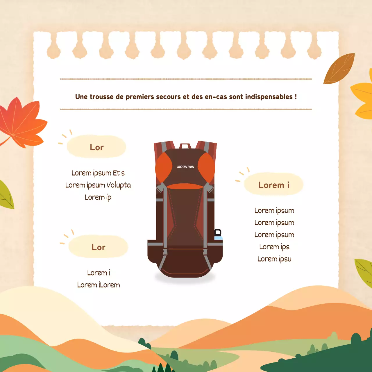 Promouvoir des précautions de randonnée d'automne modernes et basiques en orange et beige