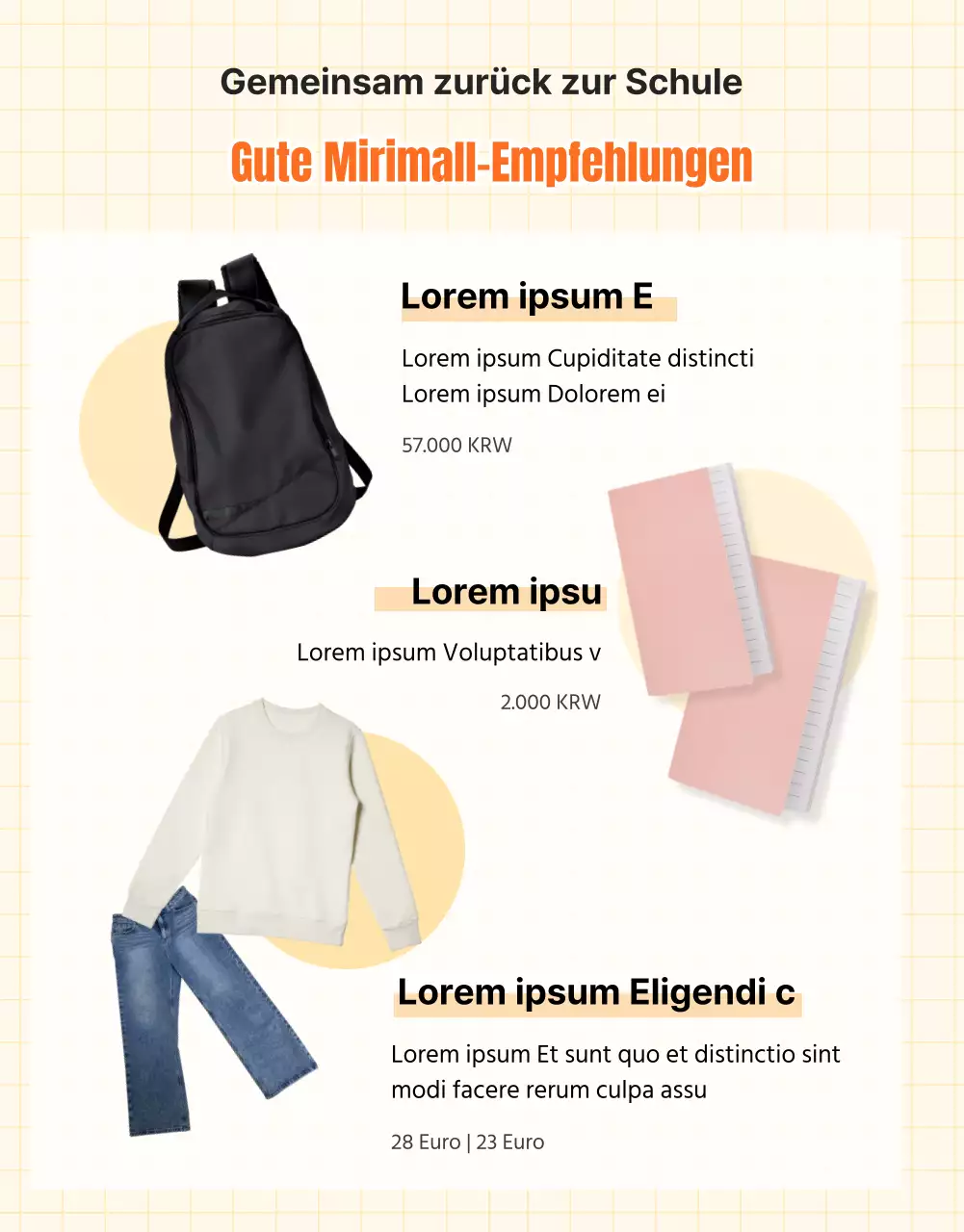 Schulanfangskollektion mit illustrierten Schulsachen auf gelbem Hintergrund