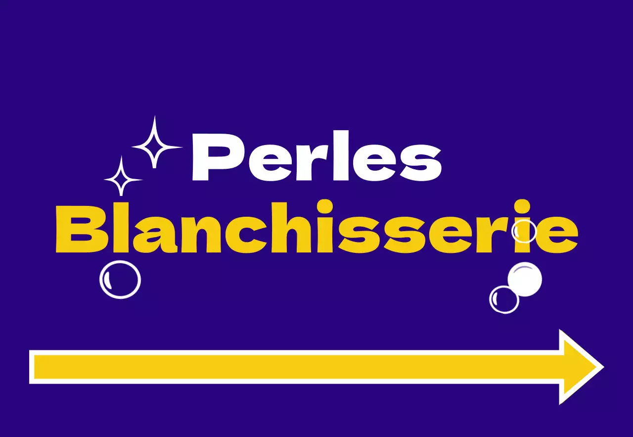 Enseigne de magasin facile à lire avec un texte bleu, jaune, orange et blanc sur le linge perlé et des illustrations en forme de pois, d'étoiles et de flèches.