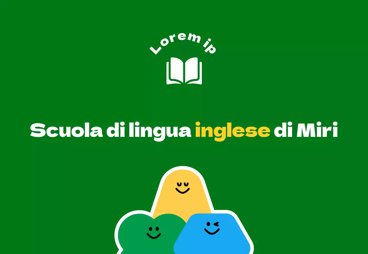 Per la promozione di una scuola di lingua inglese per studenti delle elementari con una simpatica illustrazione di un personaggio dei cartoni animati verde e giallo.