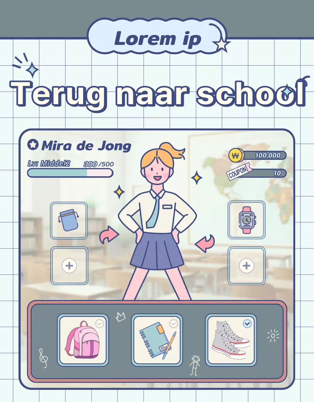 Back-to-school-artikelen met pastelkleurige krijtbord- en gameschermelementen