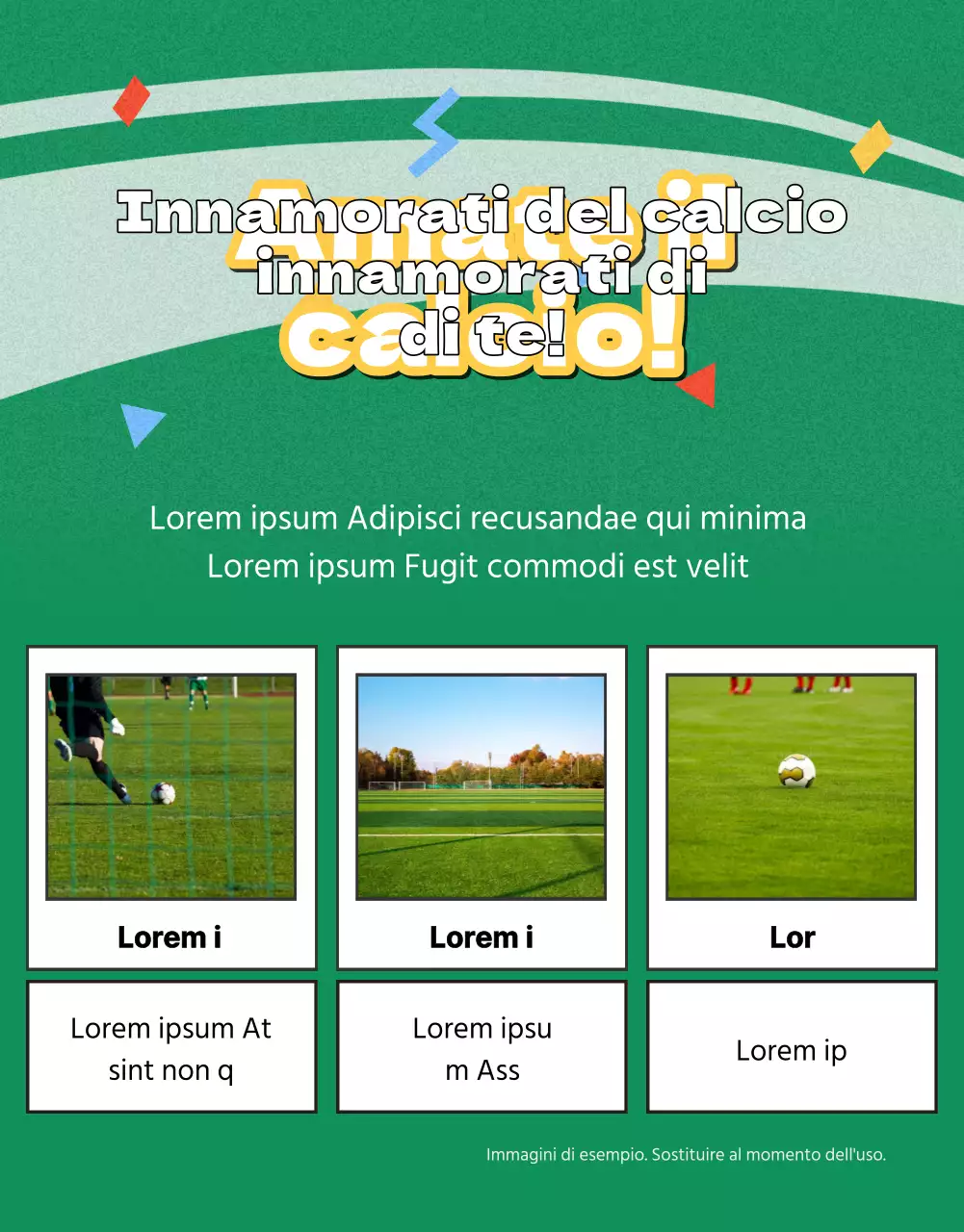 Volantino di reclutamento per il calcio femminile con immagine di un campo da calcio verde