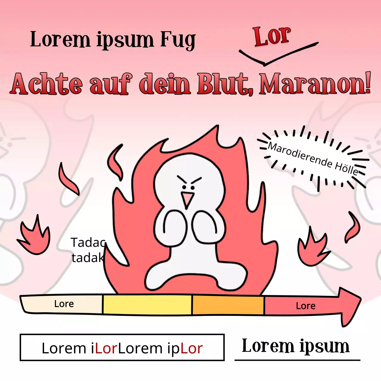 Werbung für die Einführung von Maratteokbokki, einem pikanten Flammen-Cartoon-Konzept mit rotem Farbverlauf.